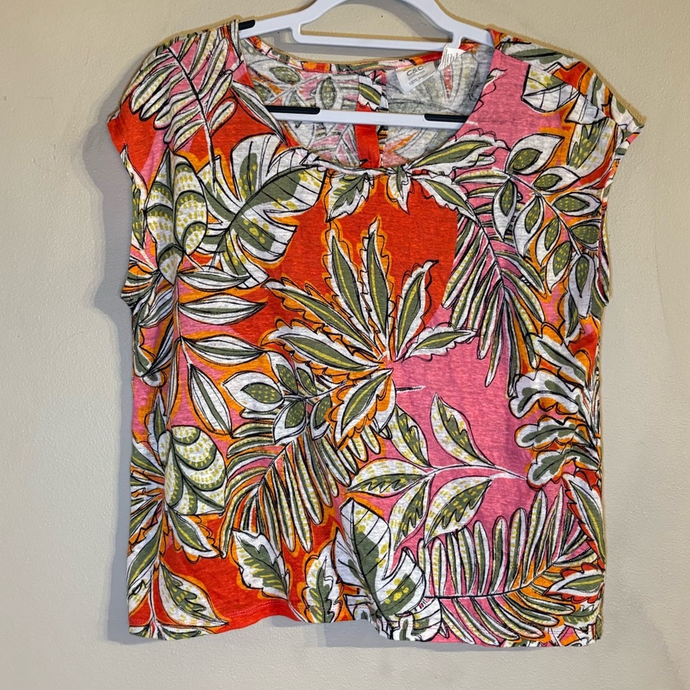 CC California 100% Linen Tropical Floral Print Short Sleeve Blouse Shirt Top - Picture 2 of 10